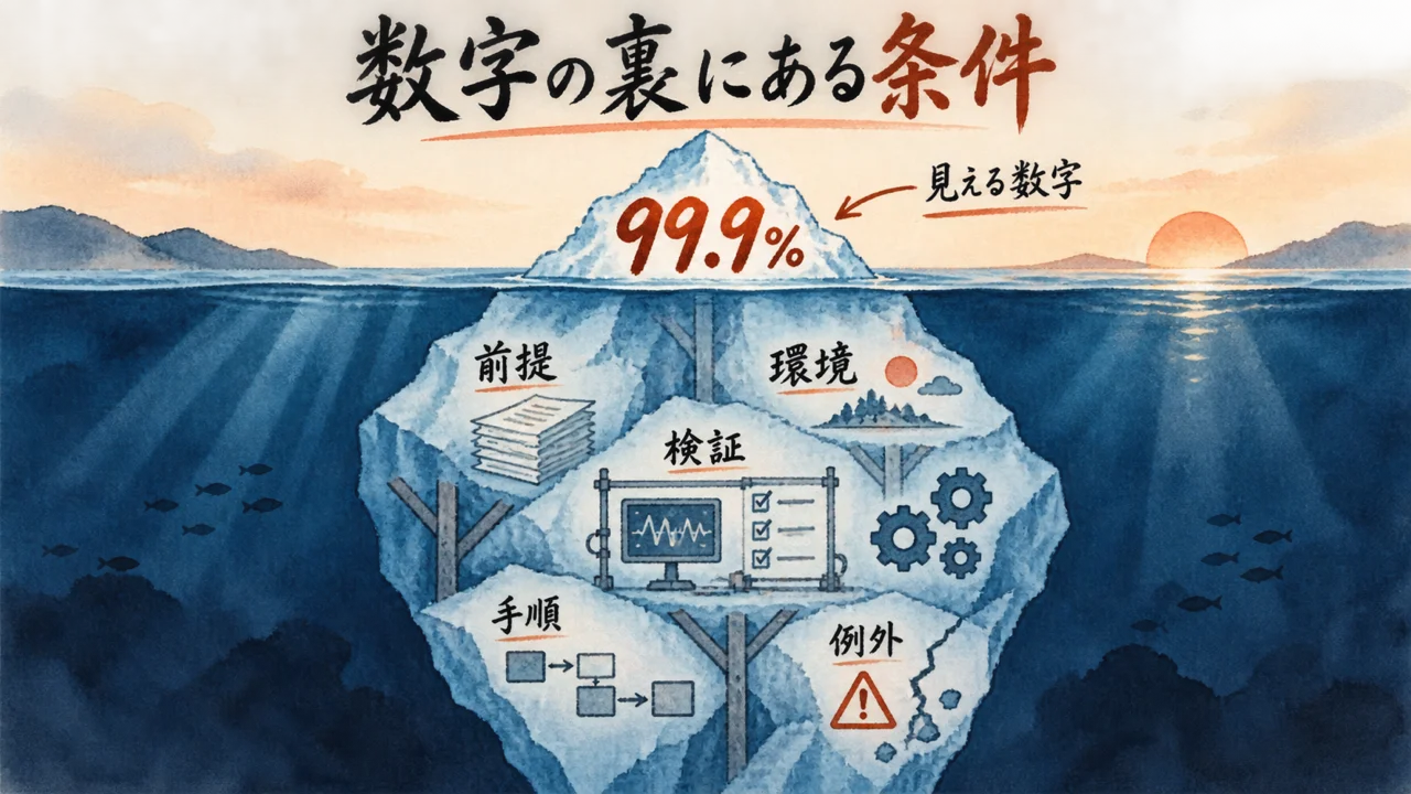 99.9%という数字の裏にある条件を氷山で示した図解