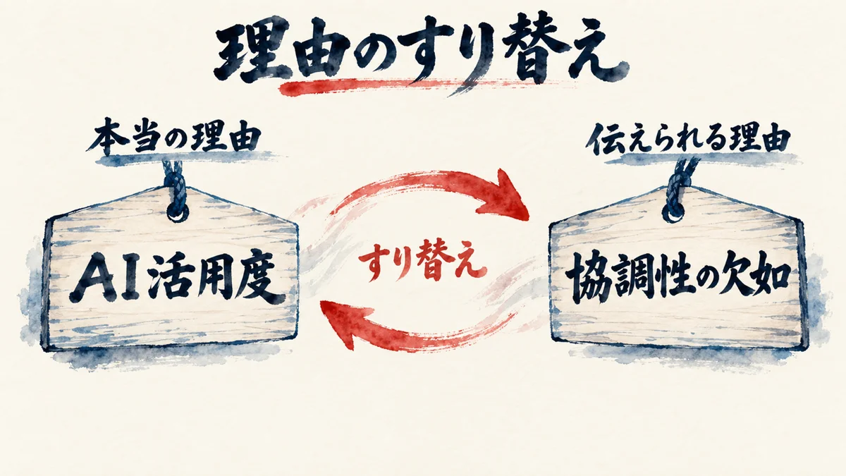 評価の本当の理由『AI活用度』が、伝えられる理由『協調性の欠如』にすり替えられることを示す図