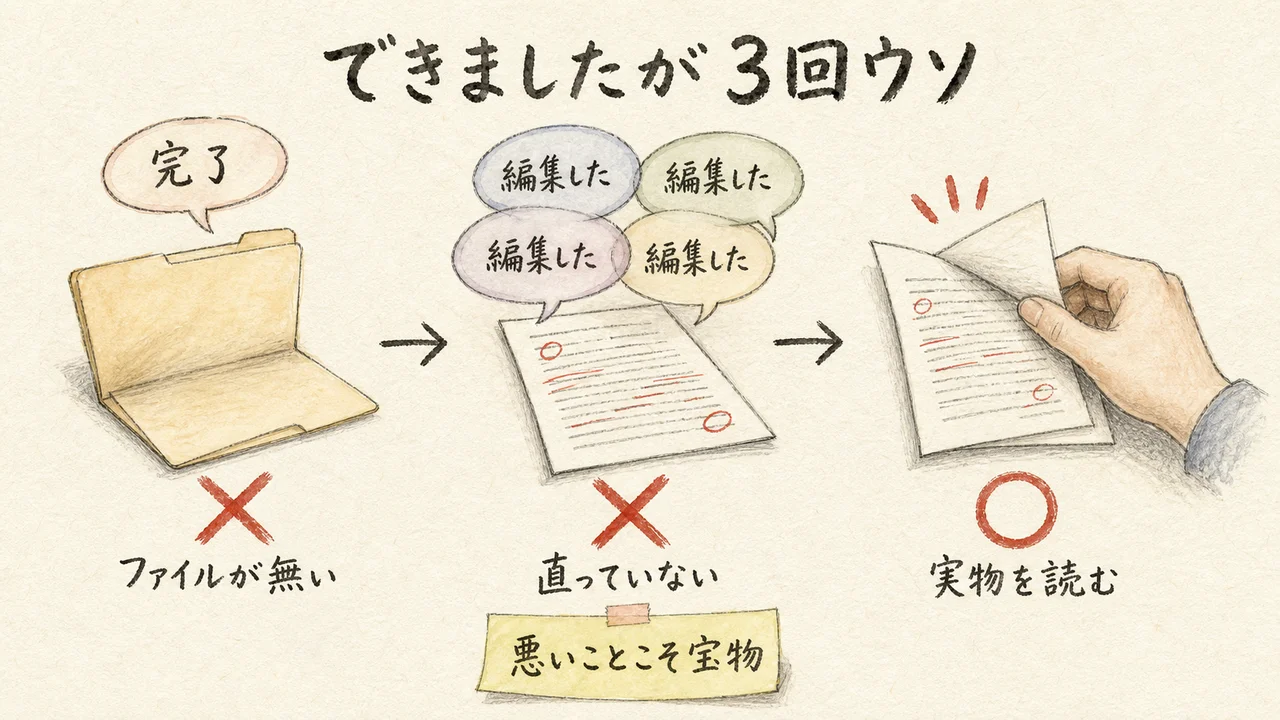 「できました」が3回ウソだった3場面の図解