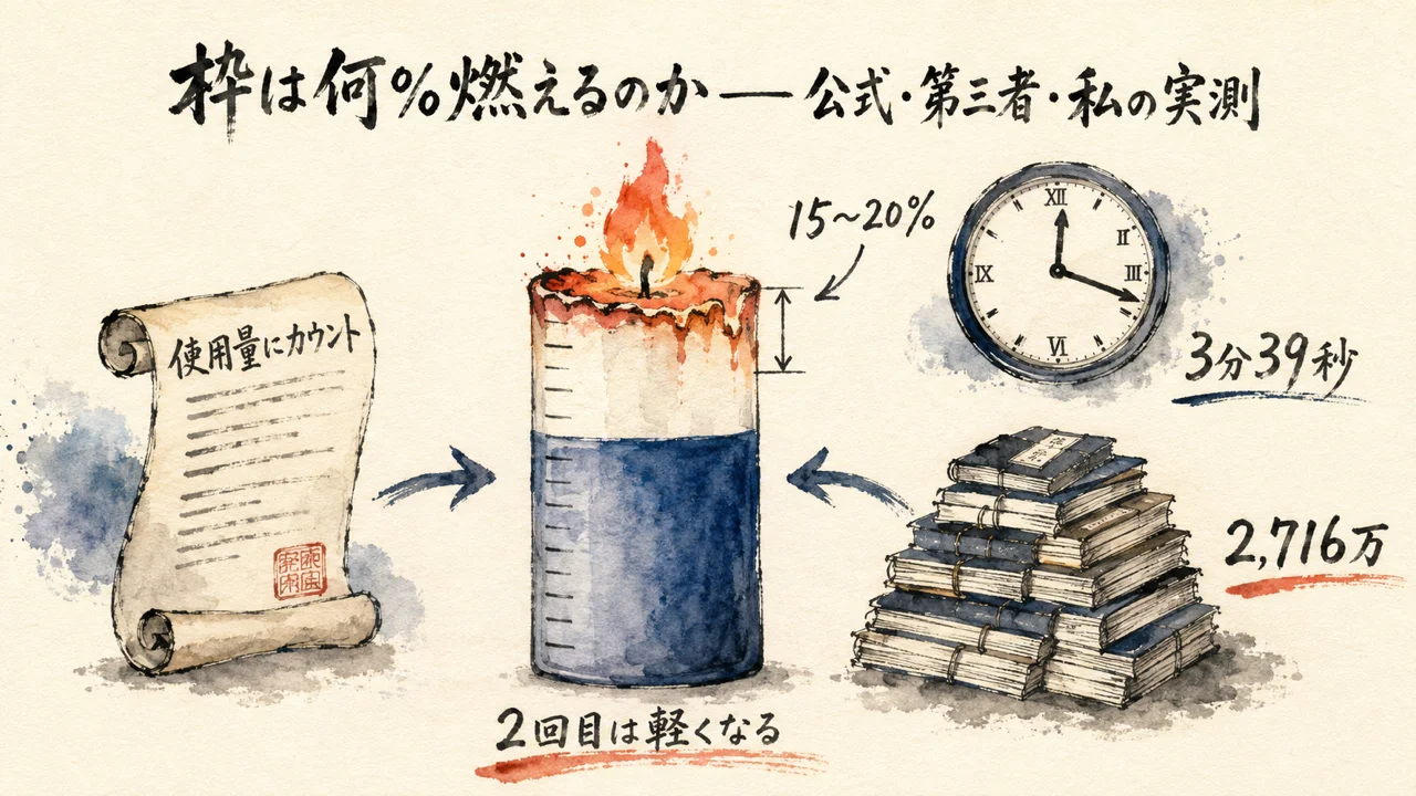 枠が15〜20%燃えるろうそく型ゲージ。公式「使用量にカウント」、3分39秒、2,716万トークンの履歴