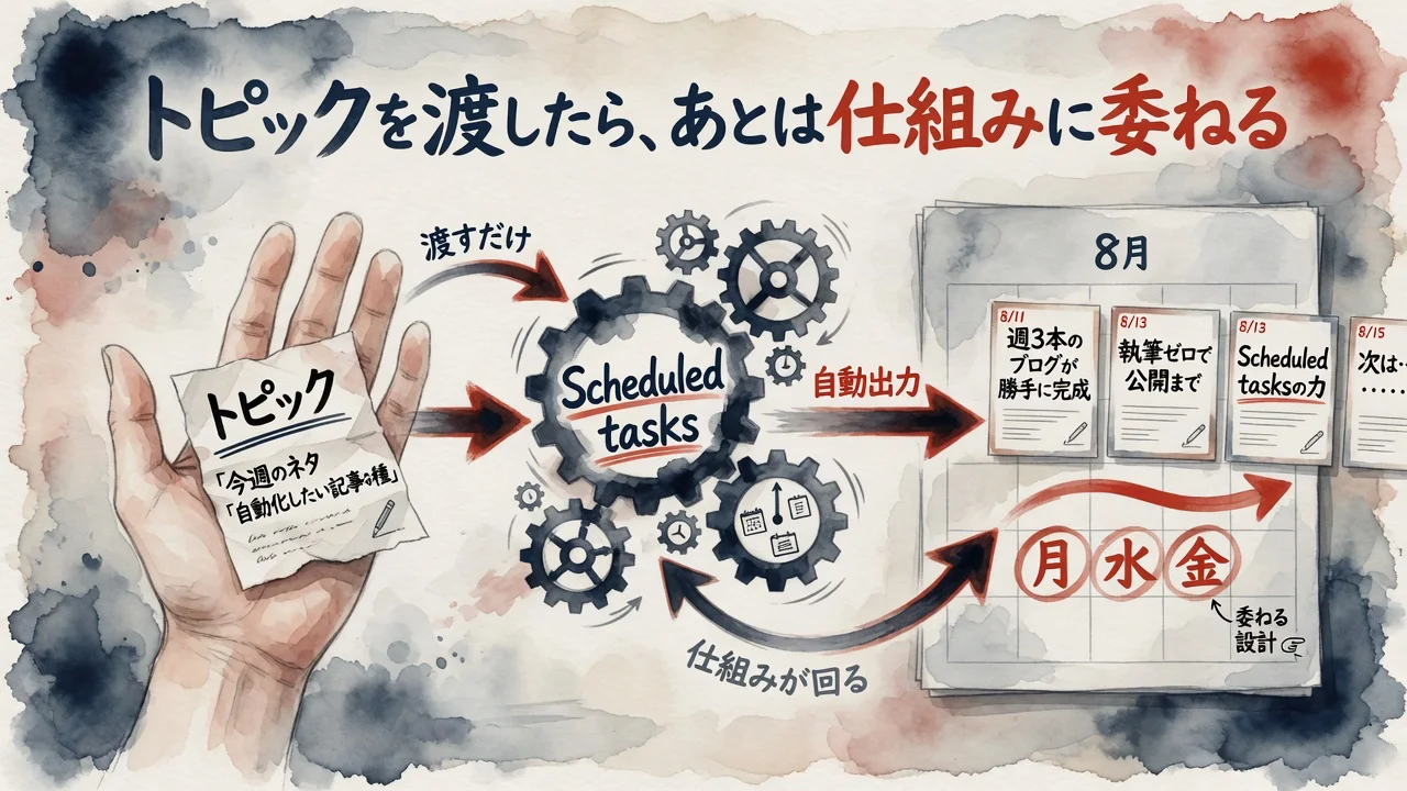 週3本を自動化するScheduled tasksデモに見た委ねる設計の図解