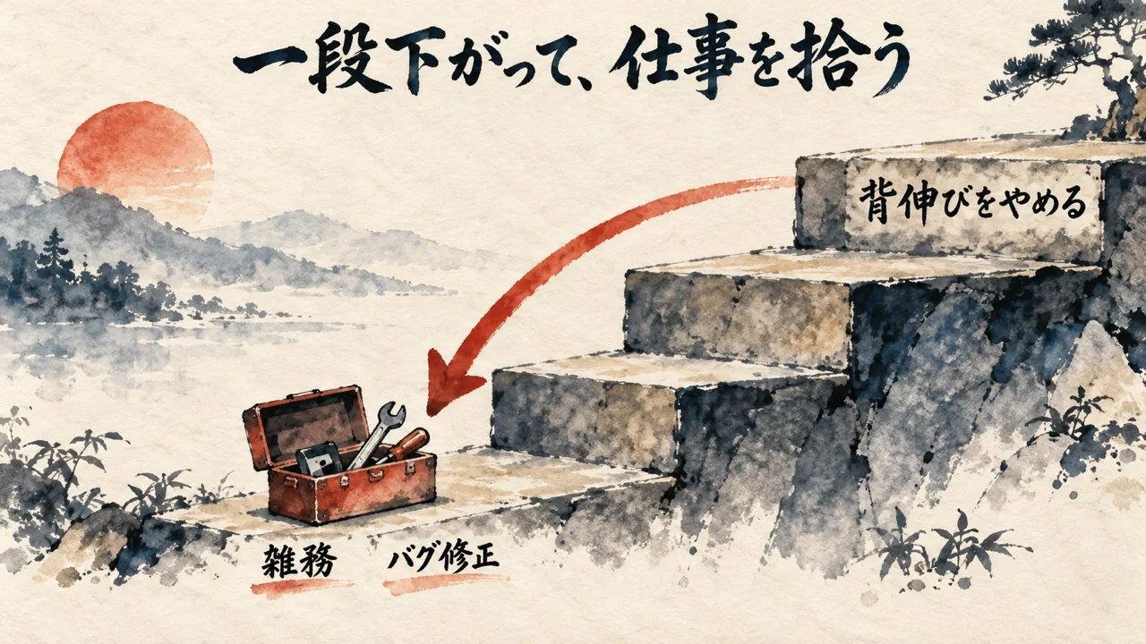 階段を一段降りて雑務を拾う動きを示す図解