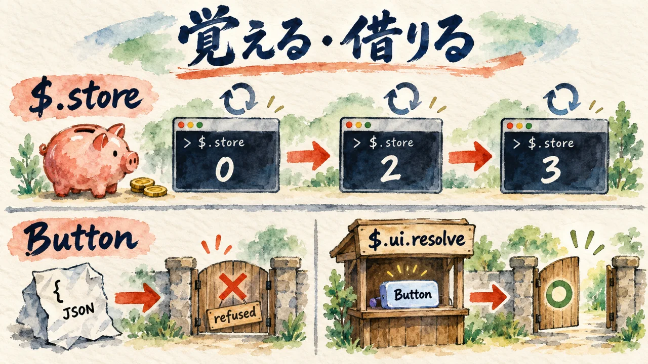 覚える・借りる図解。$.store は再起動をまたいで 0→2→3 と残る。素のJSONの Button は refused、$.ui.resolve から借りた部品は通る