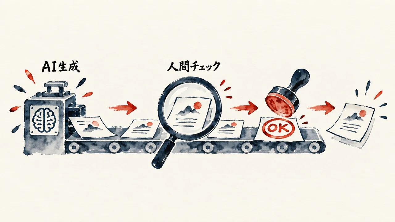 AIが瞬時に作れる時代でも、最後は人間がチェックするの図解