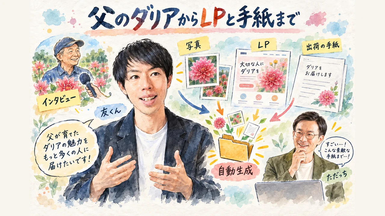 友くんの父が育てるダリアのインタビューから、LPと出荷の手紙まで自動生成した感動デモ グラレコ