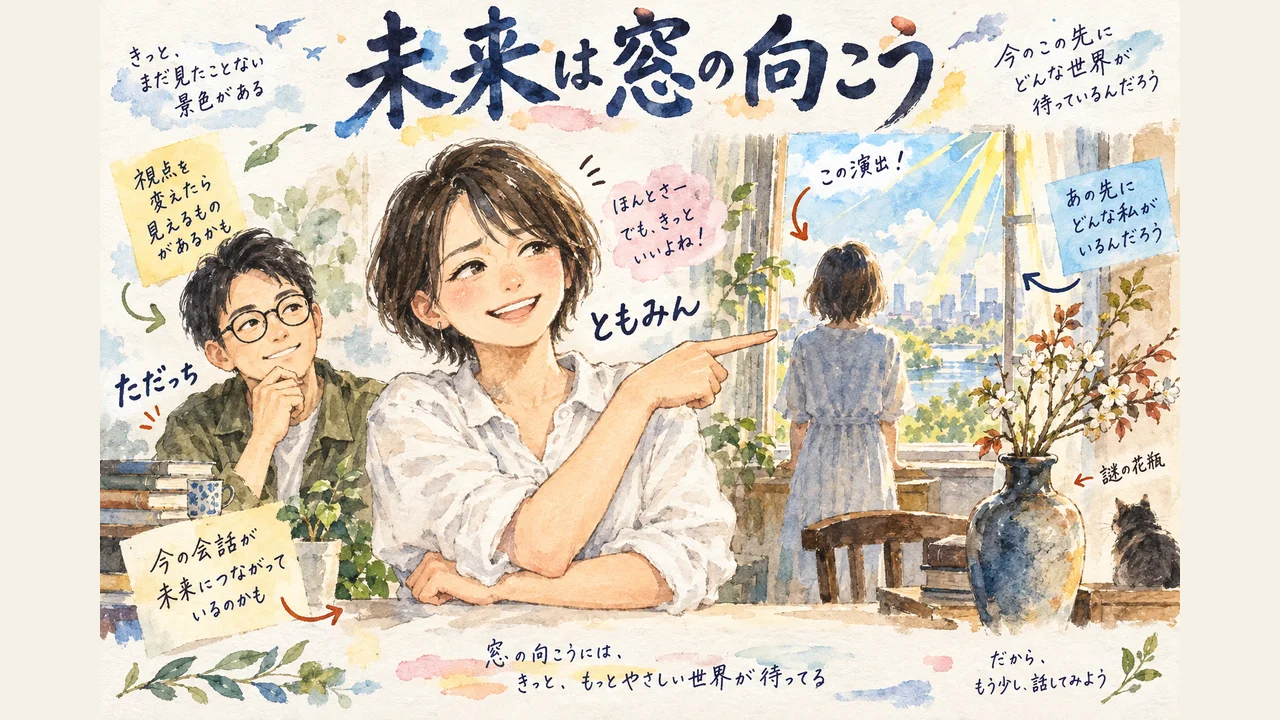 「未来は窓の向こう」演出と後ろ姿の人物 図解