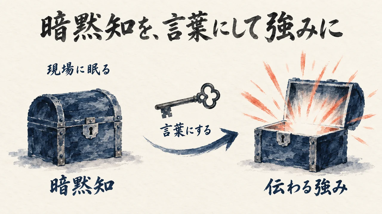 暗黙知を言葉にして強みに変える宝箱と鍵の図解