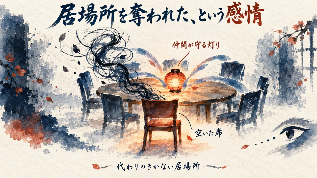 居場所を奪われたという感情と、仲間が守り続ける灯りを示す図解