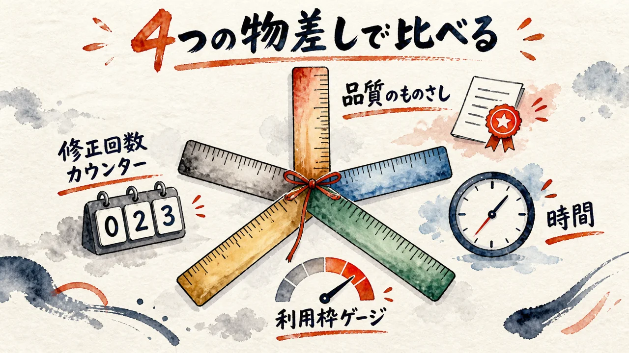 品質・修正回数・時間・利用枠の4つの物差しで比べる図解
