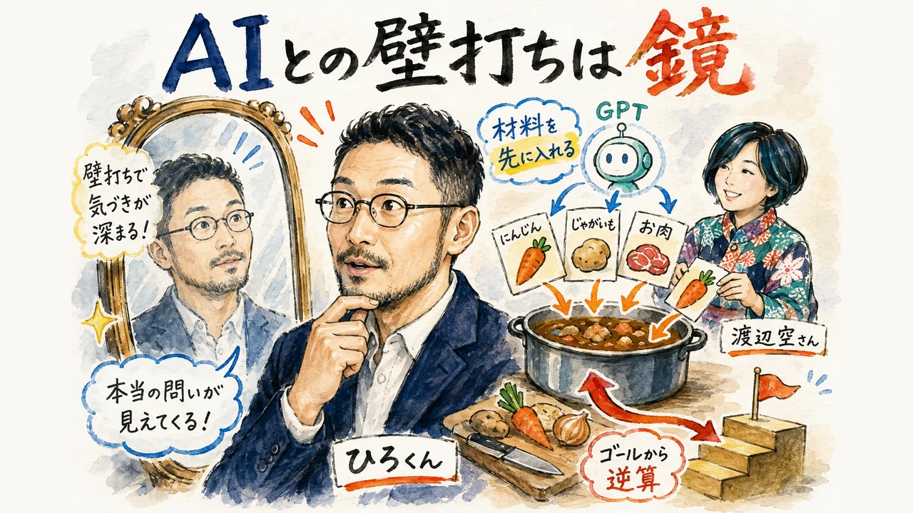 AIとの壁打ちは鏡、カレーの材料を先に入れておく様子のグラフィックレコーディング