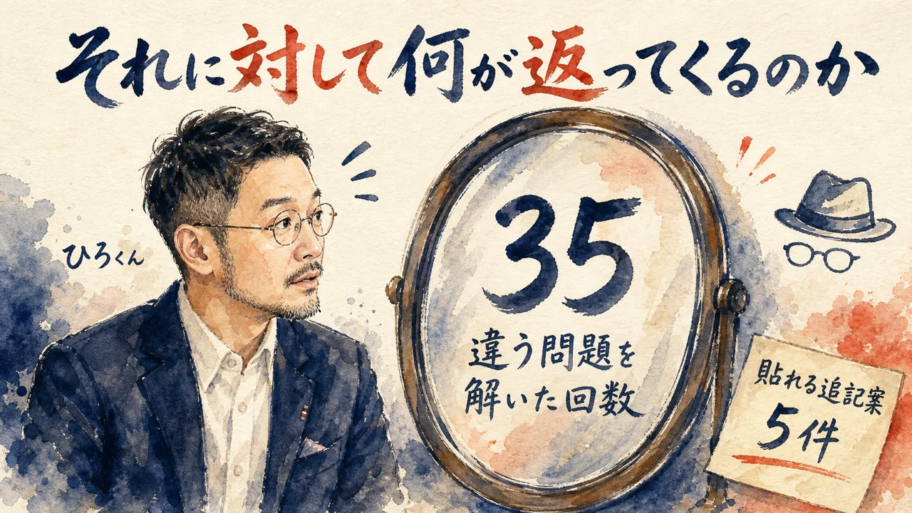 鏡に映る数字35を見て気づくひろくん。貼れる追記案5件