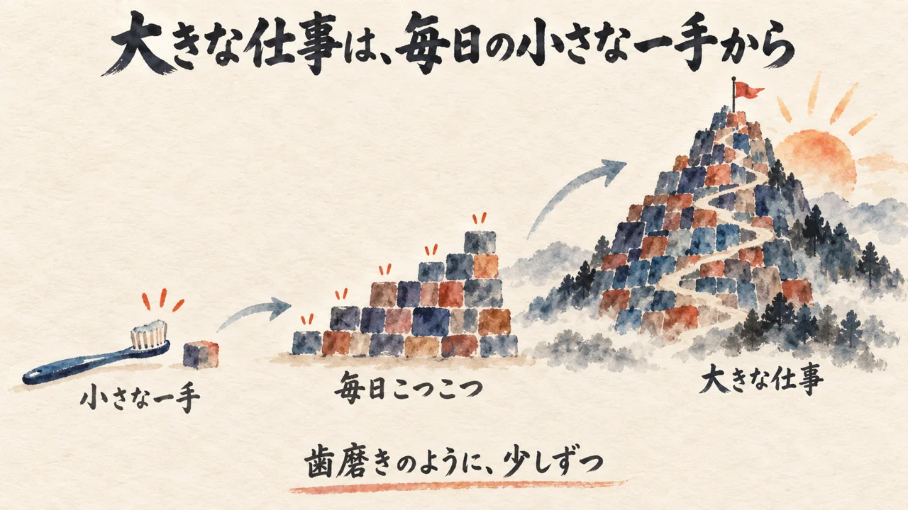 小さな一手が積み上がって山になる図解