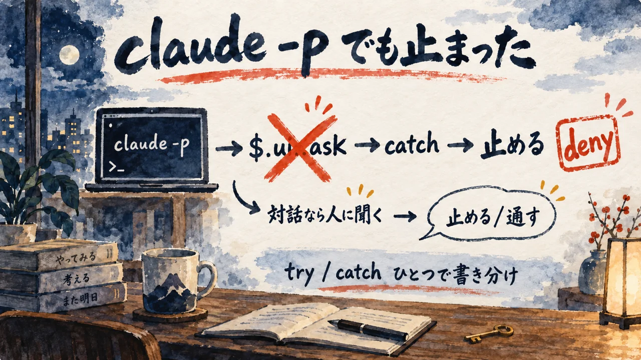 claude -p（非対話）でも deny が効いた流れの図解。$.ui.ask は聞けないので catch で「止める」に倒す