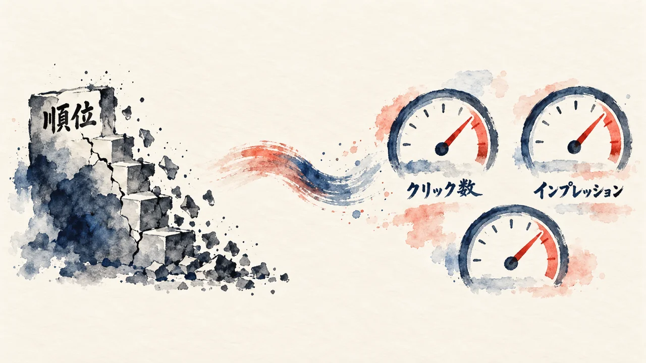 順位というKPIが崩れていく。AI Overviewで何を見るかの図解
