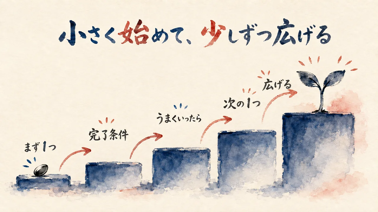小さな1歩から始めて少しずつ範囲を広げていく階段状の図解