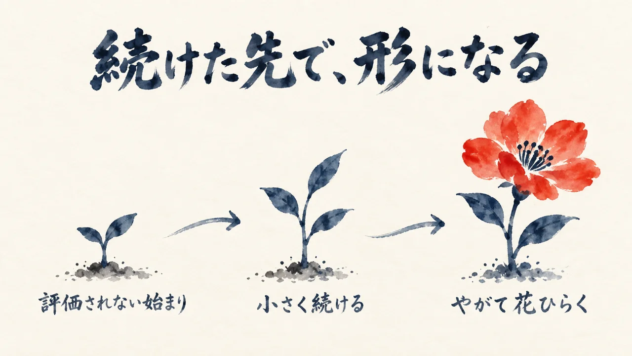 評価されない始まりから続けた先で花開く成長の図解
