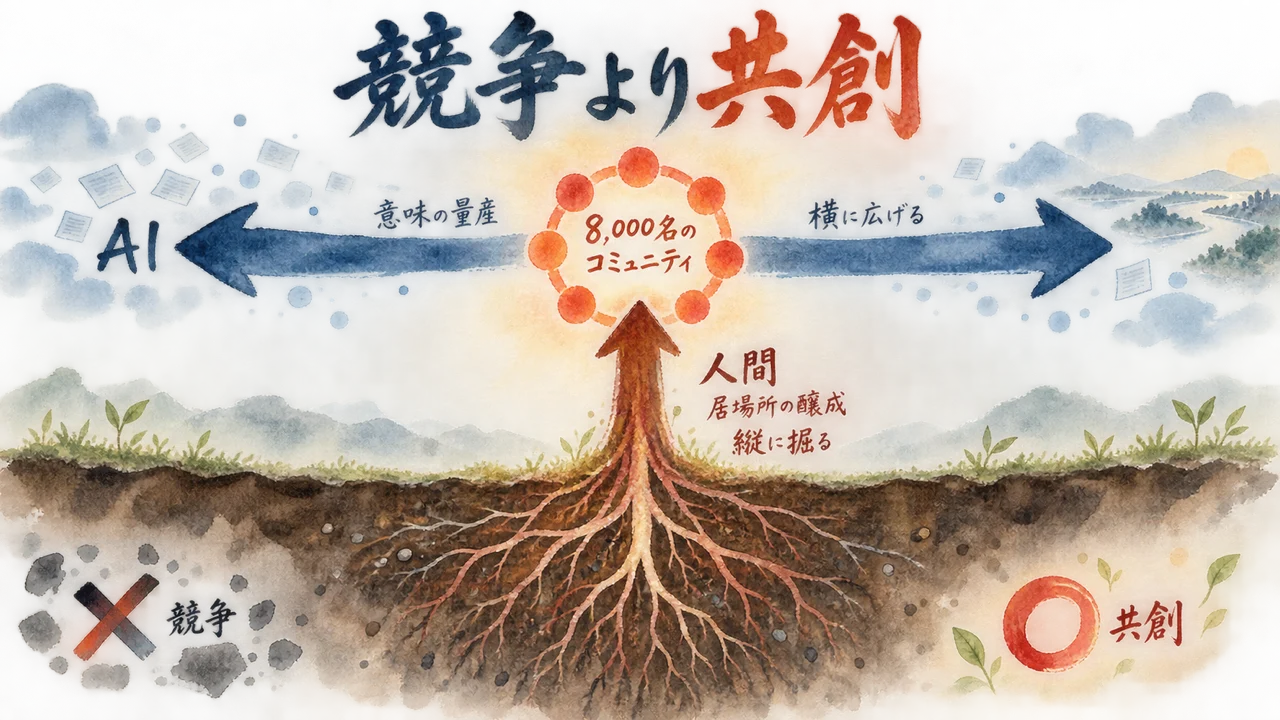 AIは横に広げ人間は縦に掘る、競争より共創の役割分担を示す図解