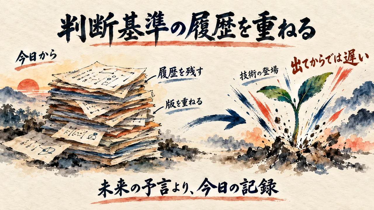 判断基準の履歴を版として重ねる準備と出てからでは遅いことの対比図解