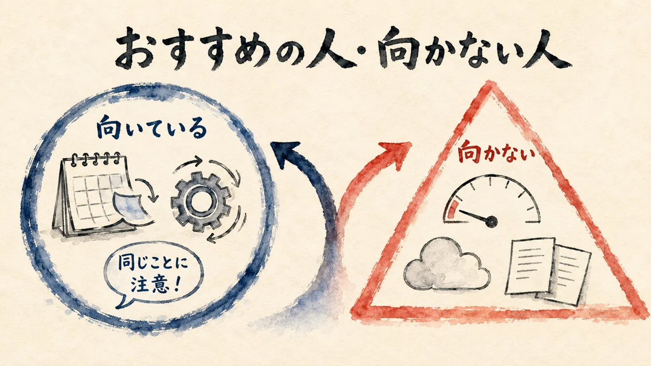 向いている人(毎日・自動化・同じ注意)と向かない人(枠ギリギリ・クラウドのみ・2枚だけ)の図解