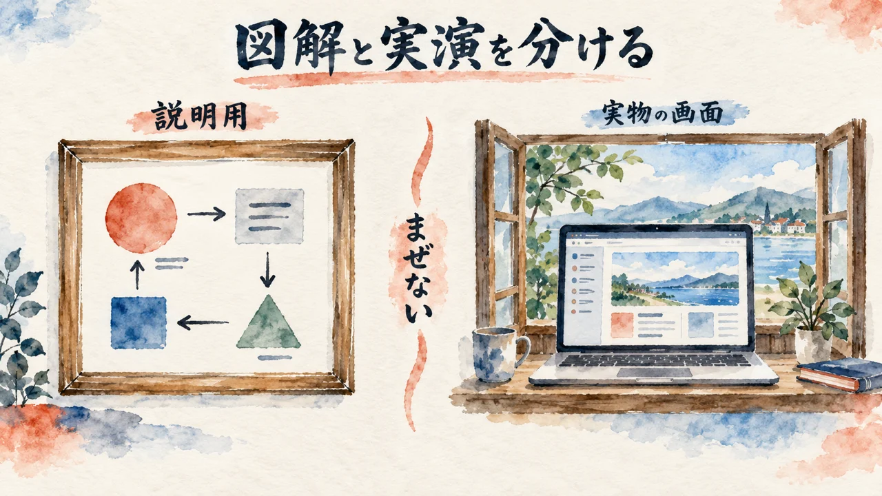 説明用の図と実物の画面を区別する額縁と窓の図解