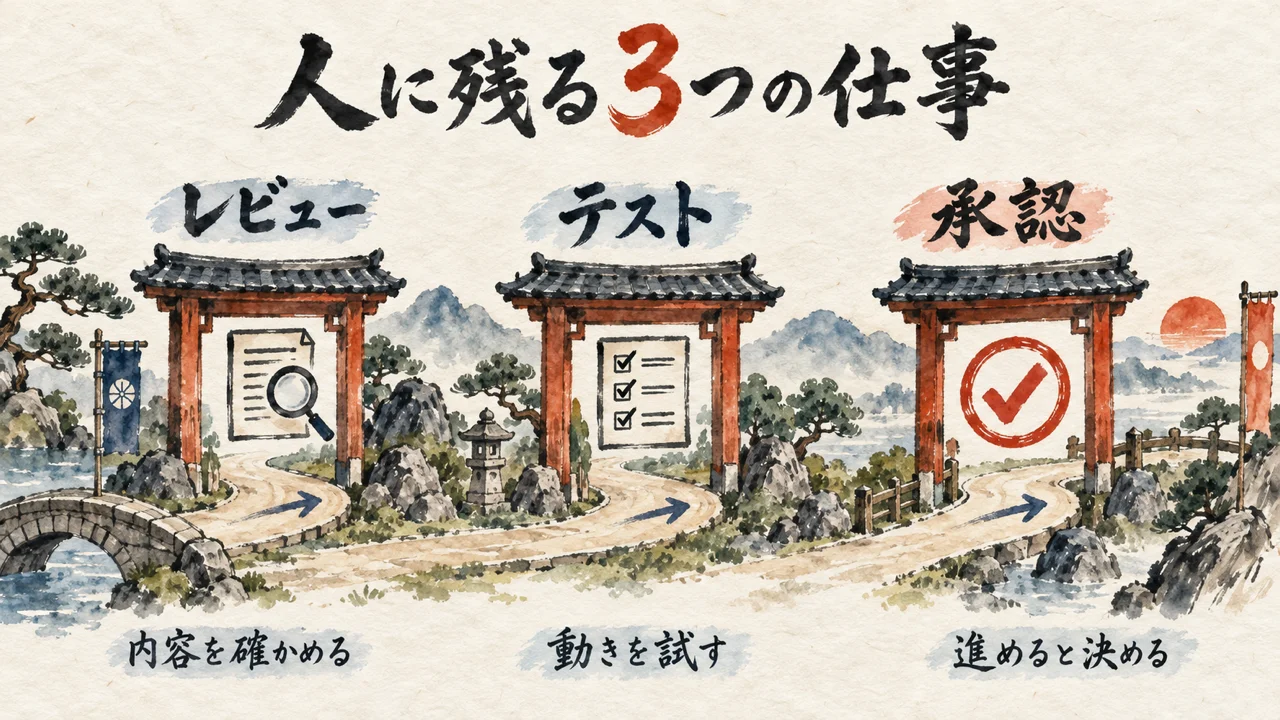 レビュー・テスト・承認の3つの関所を順に通る図解