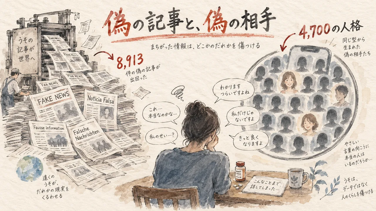 大量の偽記事が印刷される様子と、同じ型から抜かれた無数の人格が並ぶ水彩イラスト