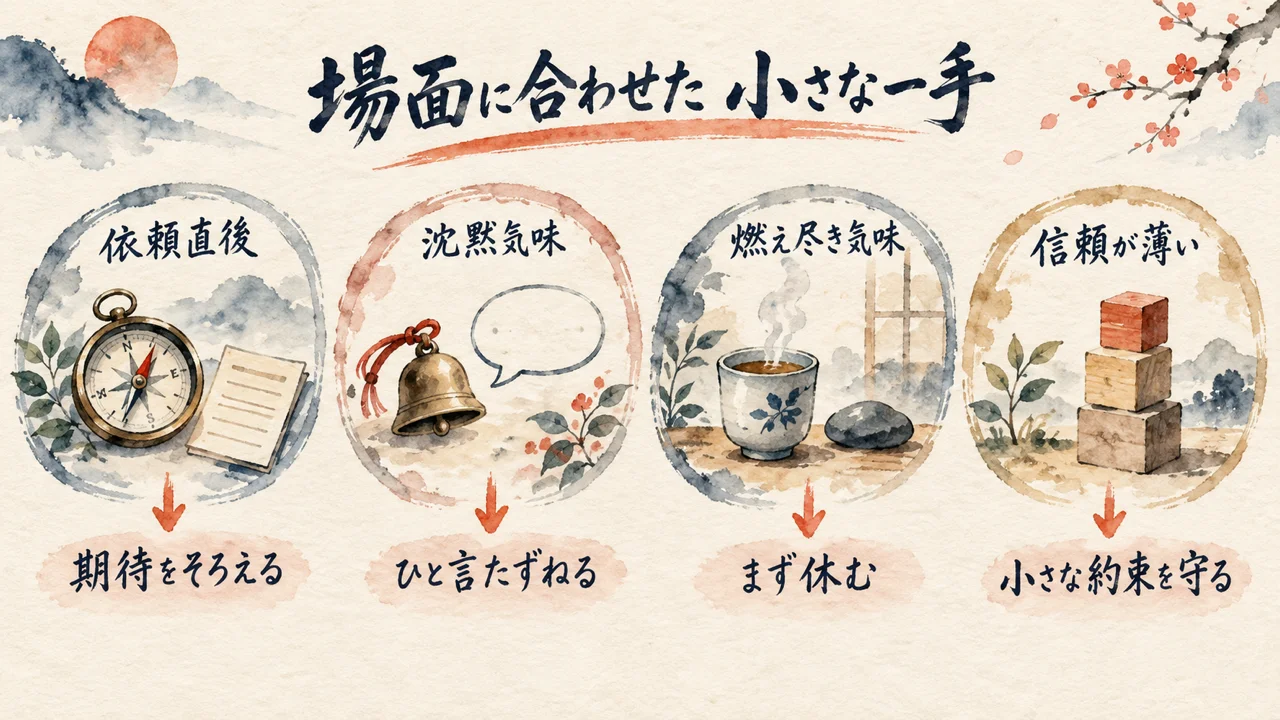 4つの場面とそれぞれの一手を並べた図解