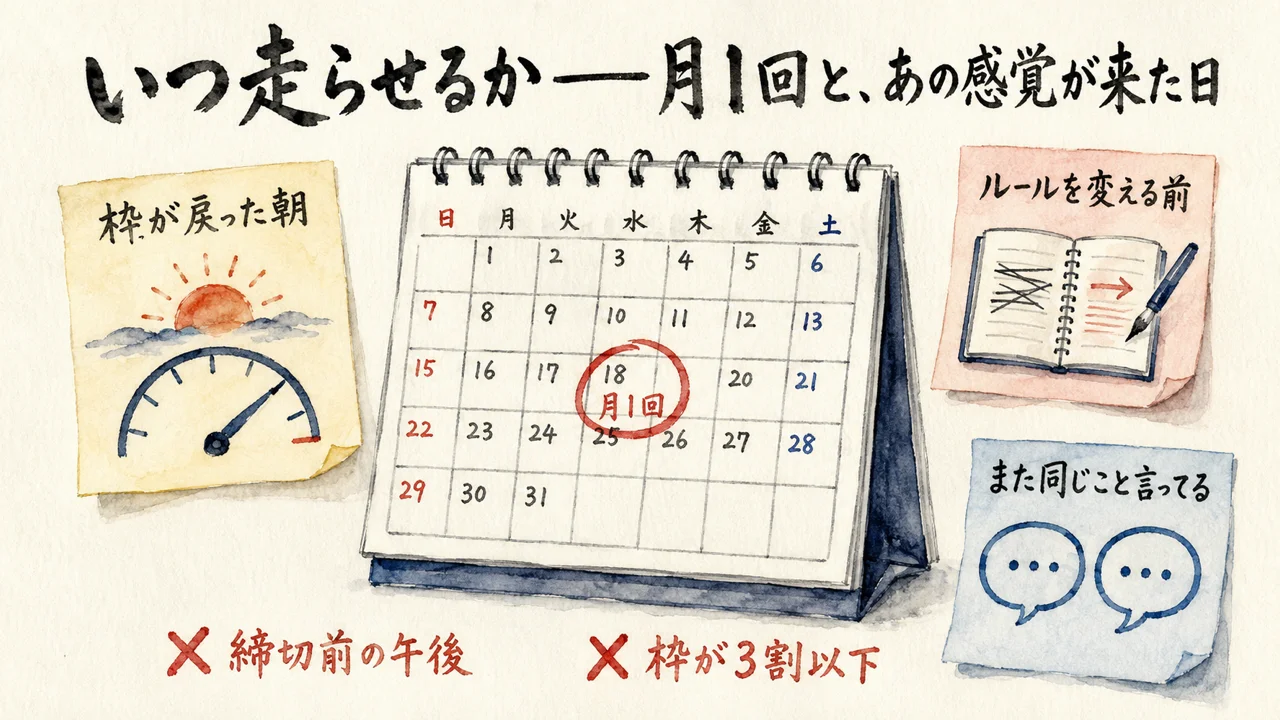 月1回の朱丸が付いたカレンダー。枠が戻った朝・ルールを変える前・また同じこと言ってる日