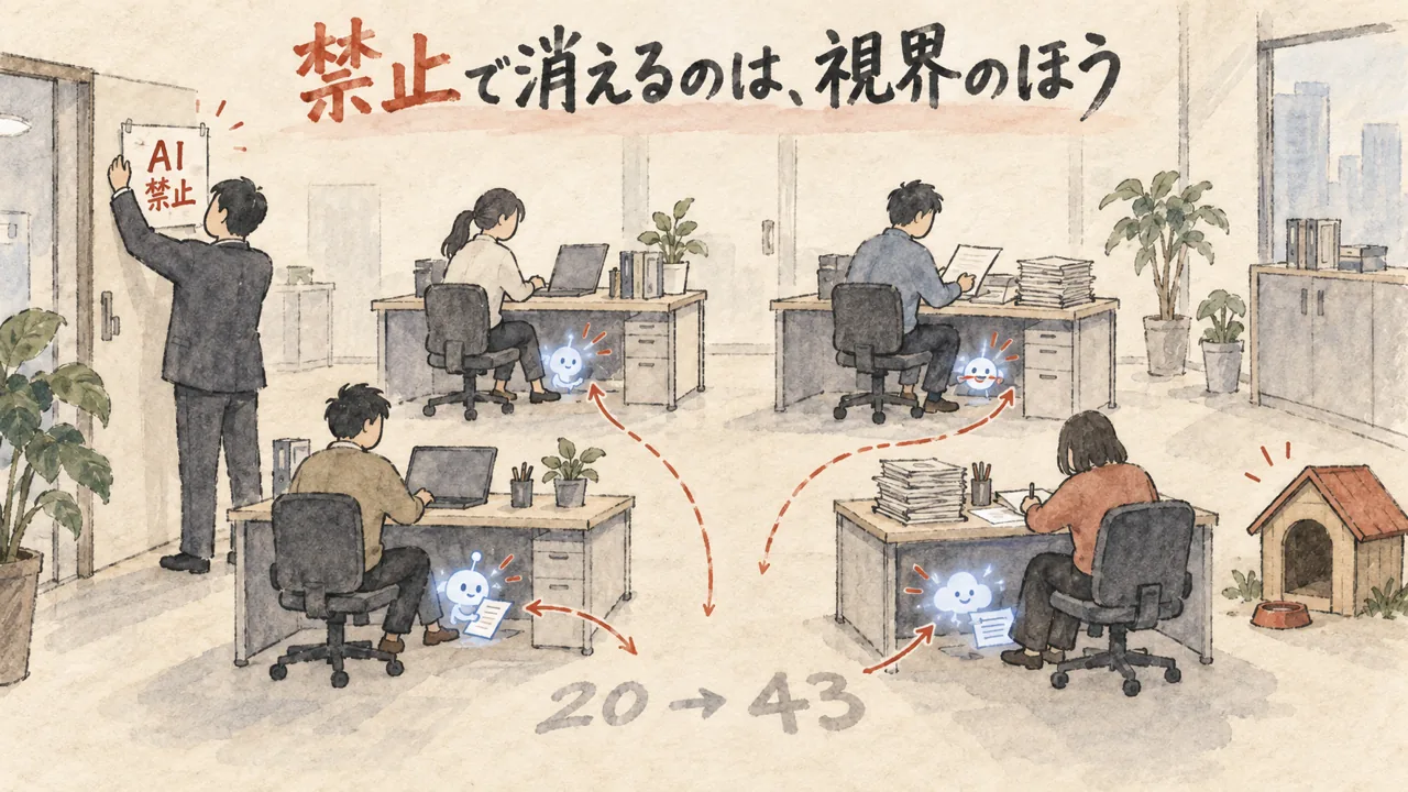 AI禁止の貼り紙を貼る経営者と、机の下で隠れてAIを使う社員たちを描いた水彩イラスト
