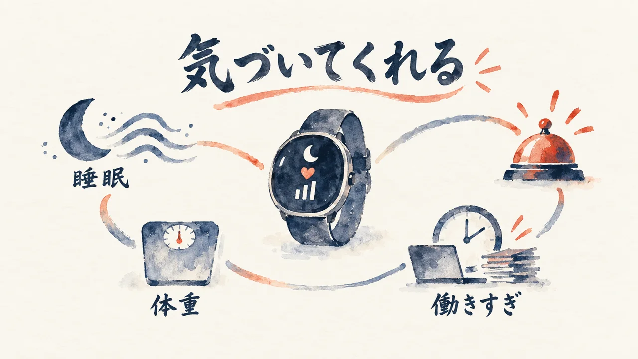 睡眠・体重・働きすぎをAIが見守って知らせる循環の図解