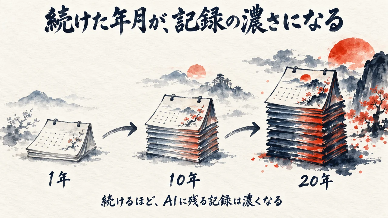 続けた年月が記録の濃さになることを示す図