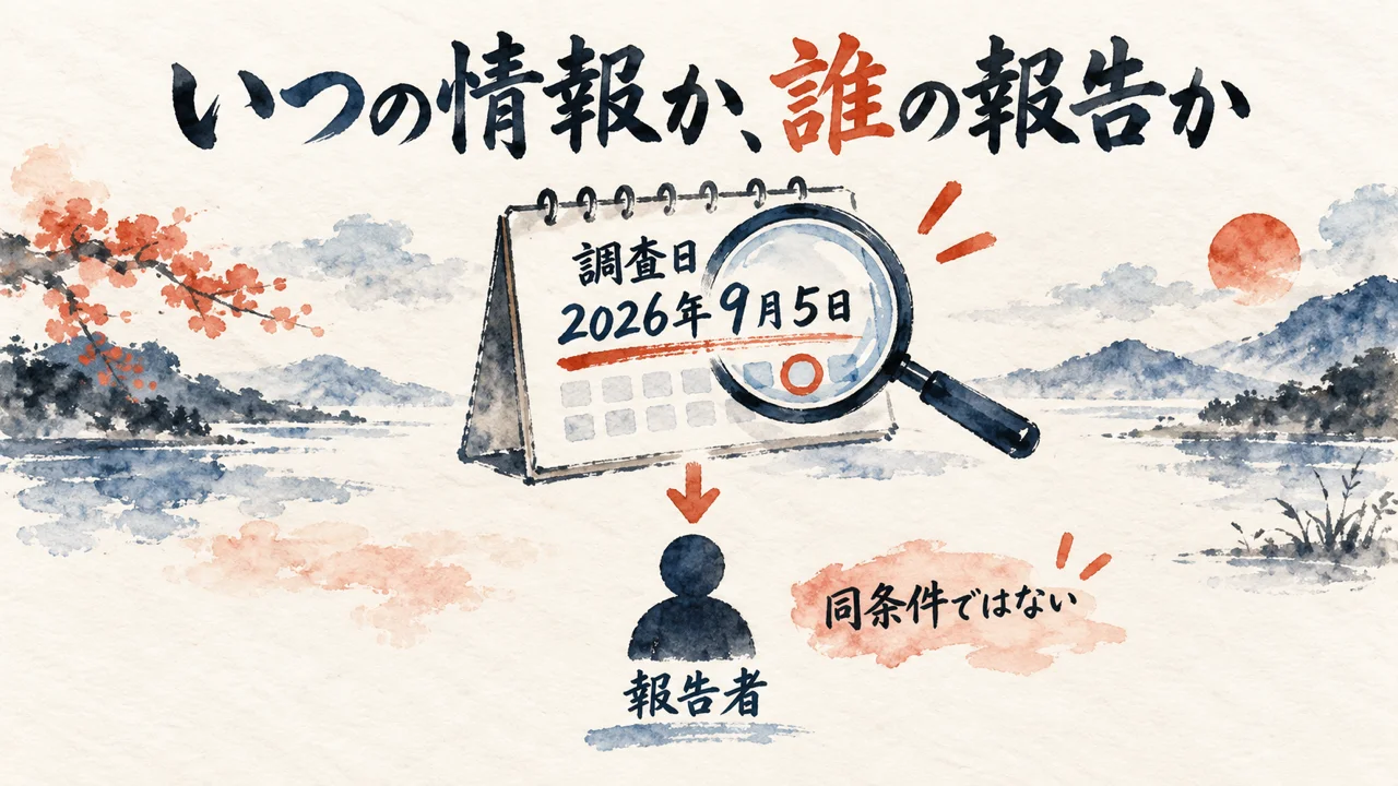 いつの情報か誰の報告かを確認するカレンダーと虫眼鏡の図解