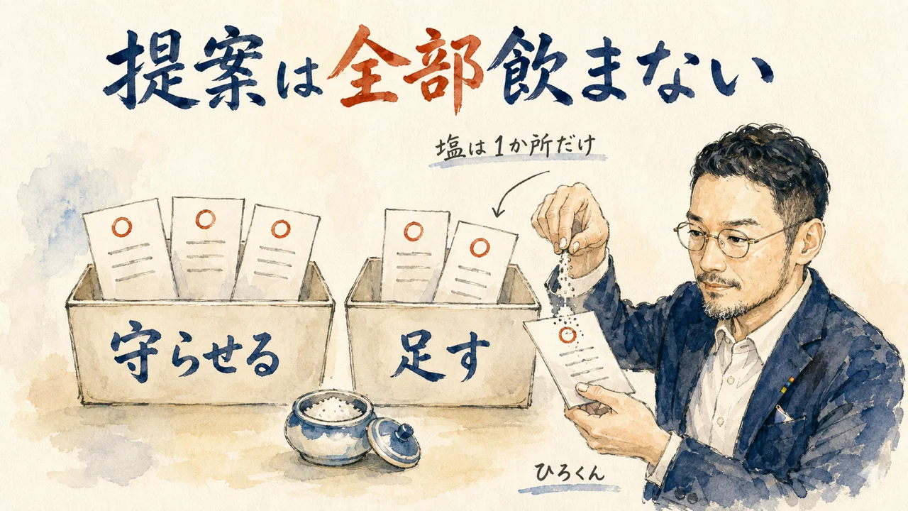 提案5件を「守らせる」「足す」の2箱に仕分け、塩は1か所だけ振るひろくん