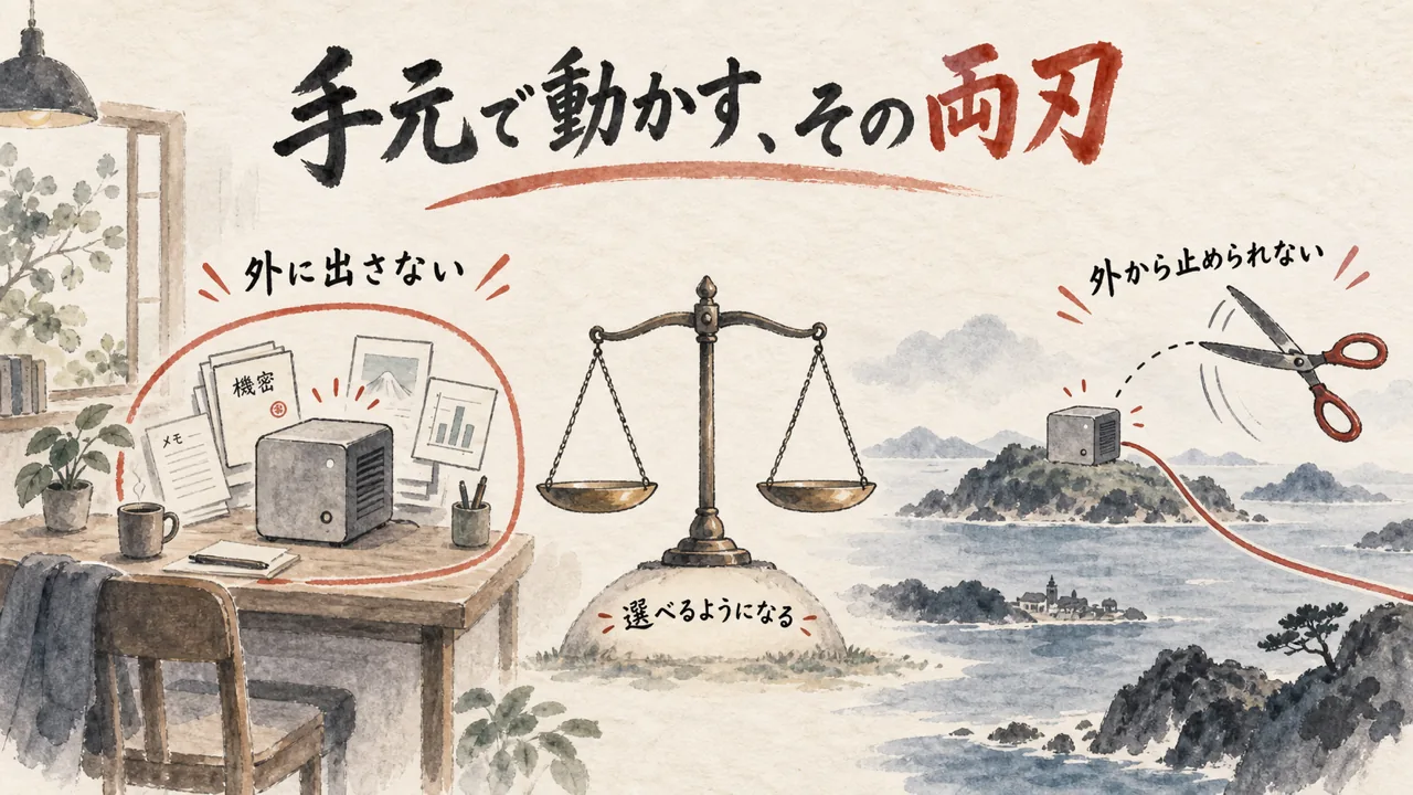 手元の箱で動かす利点と、外から止められない裏面を天秤にかけた水彩イラスト