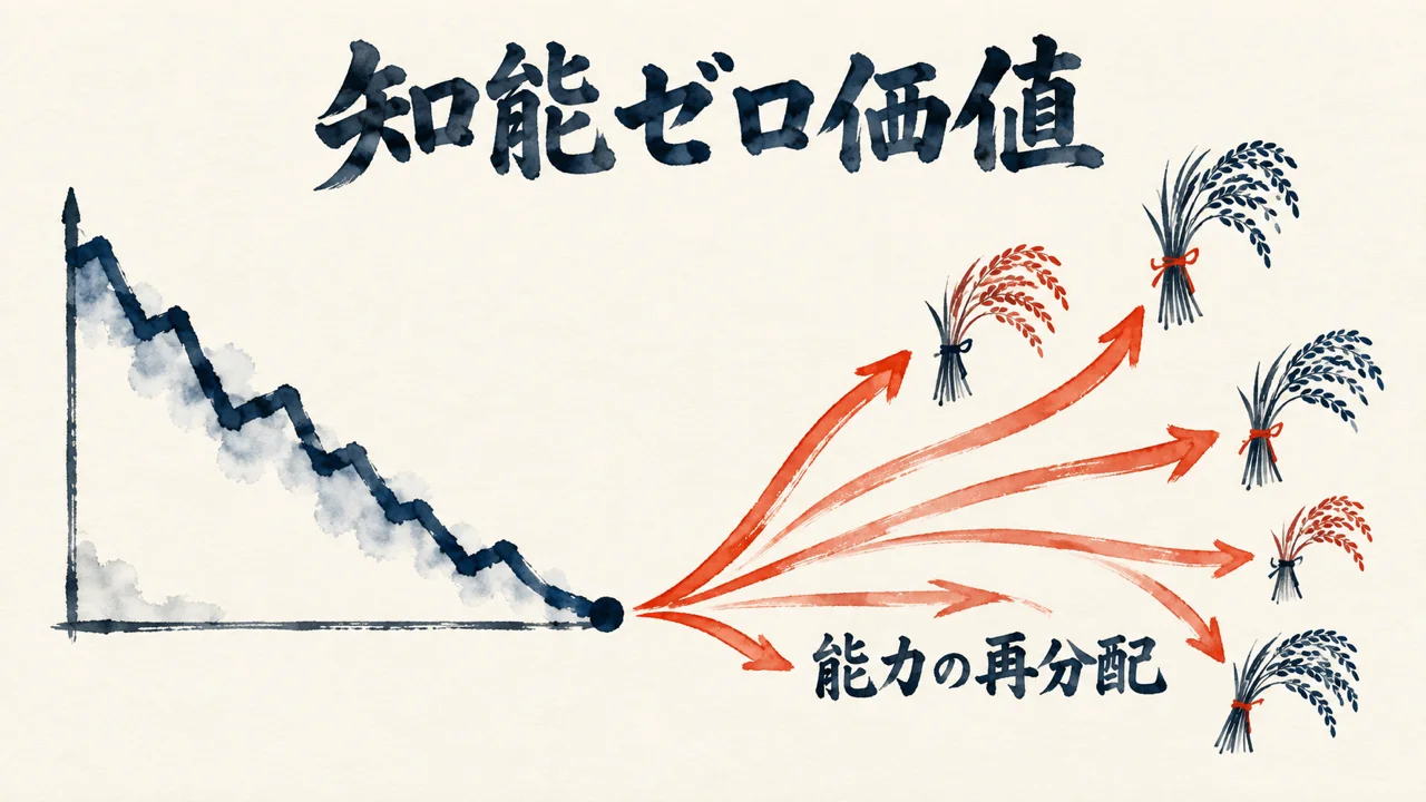 知能ゼロ価値化から能力が再分配される図解