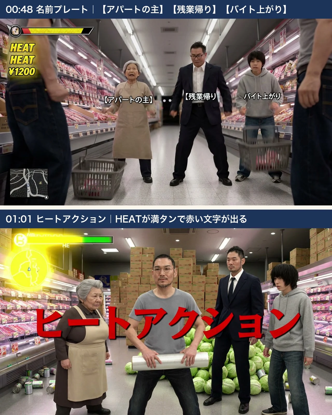 上は3人の人物の下に日本語の名前プレートが出ている画面、下はヒートアクションという赤い文字が出ている画面