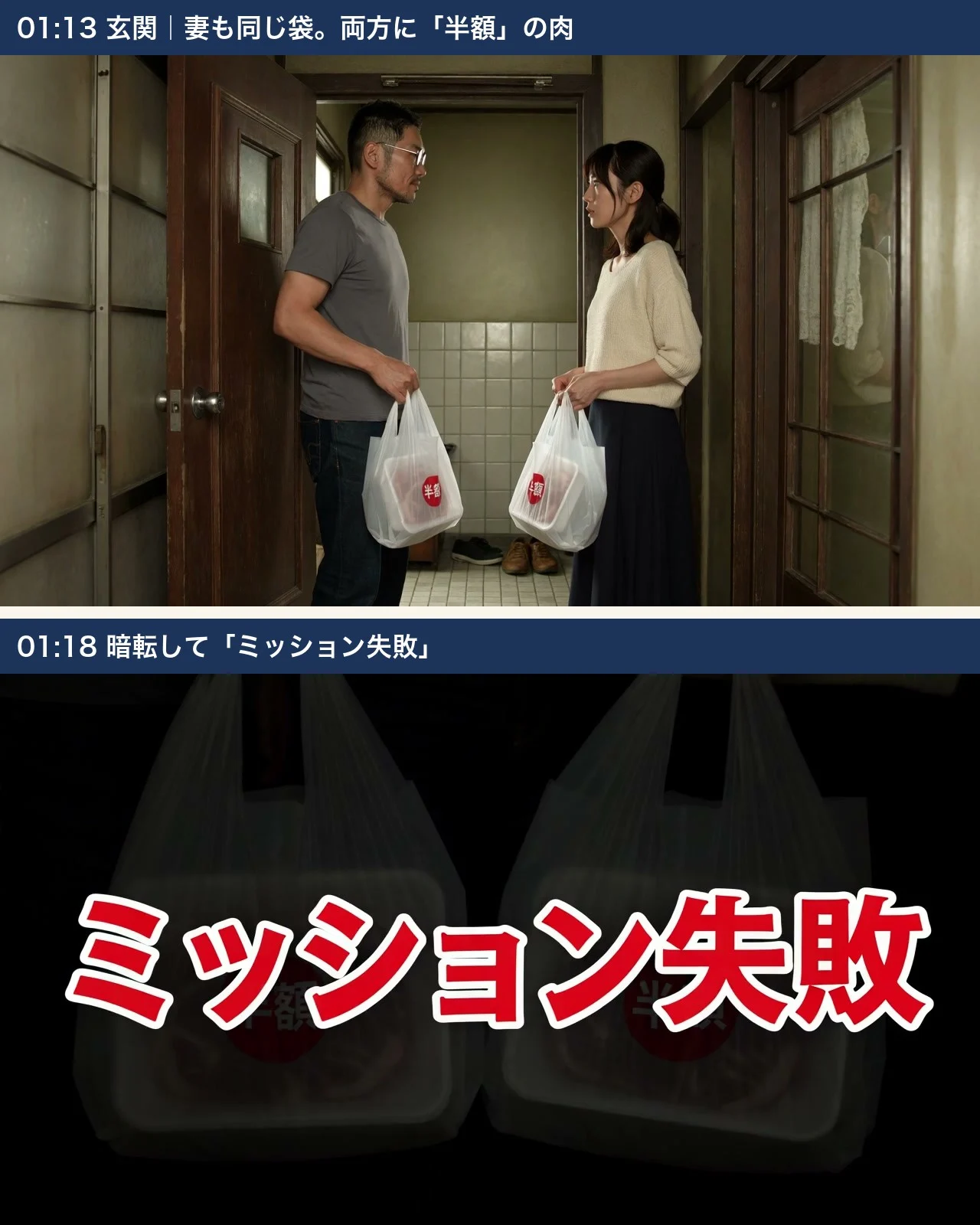 上は玄関で男女が同じ白い袋を持って向かい合っている画面、下は黒い画面にミッション失敗と赤い文字が出ている画面