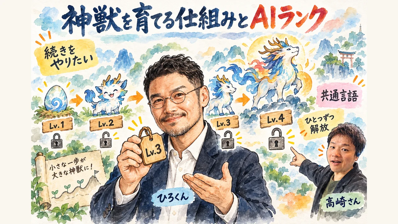 ステージごとに神獣が育つゲーミフィケーションとAIランクの図解