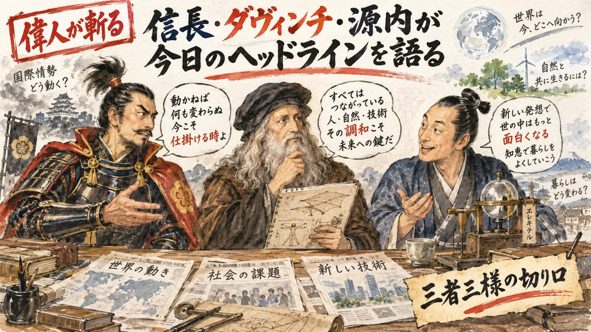 織田信長・レオナルド・ダ・ヴィンチ・平賀源内が今日のヘッドラインについて語り合うグラフィックレコーディング風イラスト
