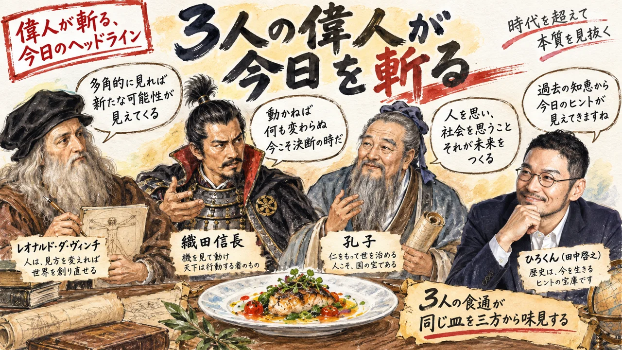 偉人3名が今日のヘッドラインを斬るイメージ図解