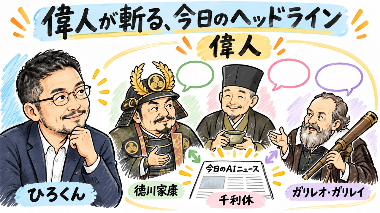 偉人3名が今日のヘッドラインを斬るイメージ図解