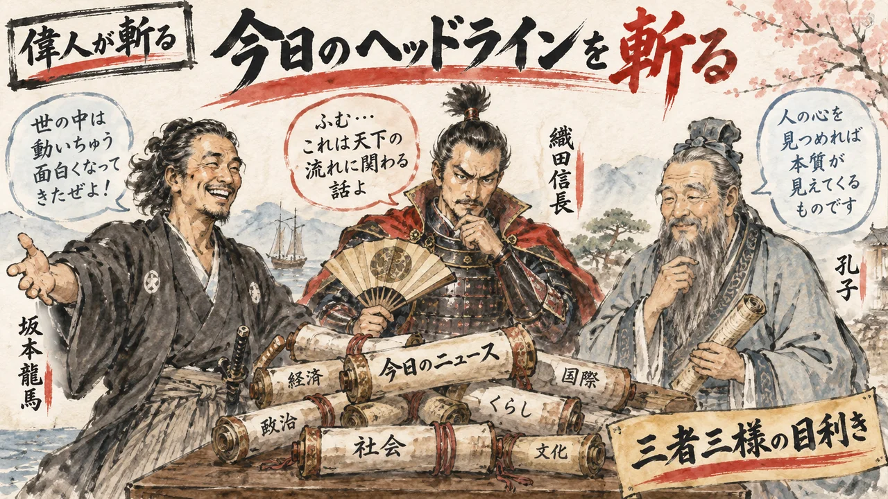 偉人3名が今日のヘッドラインを語るイメージ