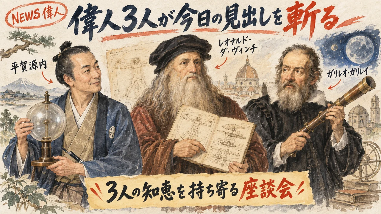 平賀源内・ダ・ヴィンチ・ガリレオの3人が今日のヘッドラインを語るイメージ