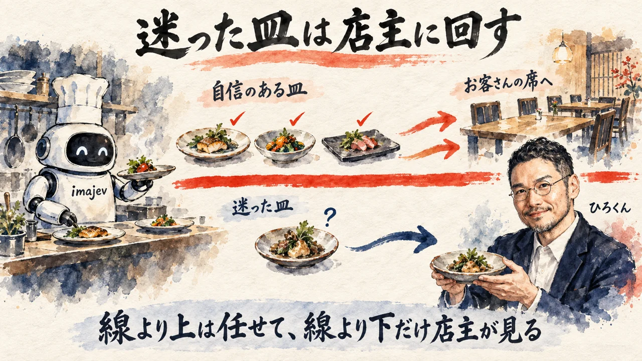 コラム図解: ロボットの料理人が迷った皿を店主のひろくんに回す