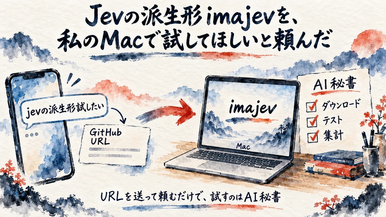Jevの派生形imajevのURLを送り、AI秘書がMacで試す流れ
