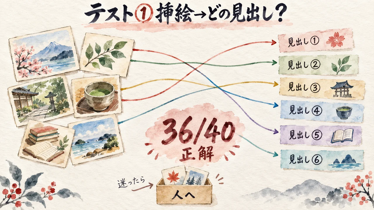 挿絵と見出しを結ぶ図。36/40正解、迷った挿絵は人へ
