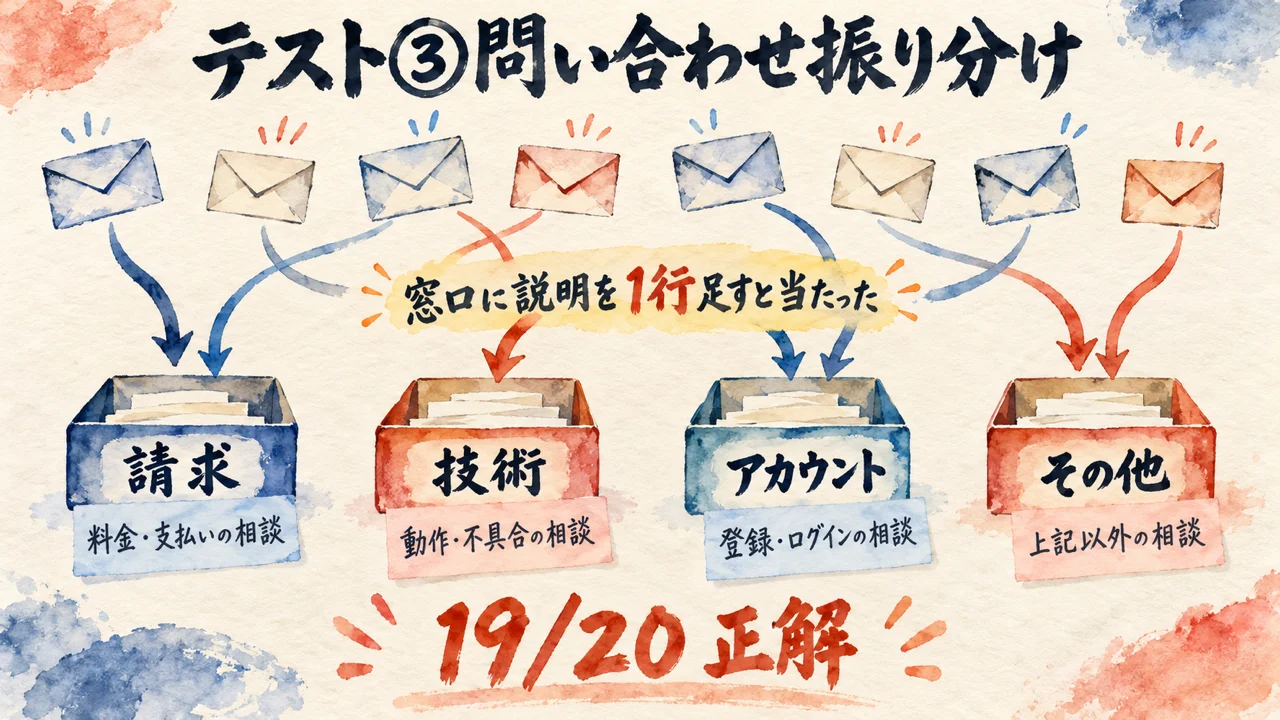 問い合わせを請求・技術・アカウント・その他の4つの箱へ振り分ける図
