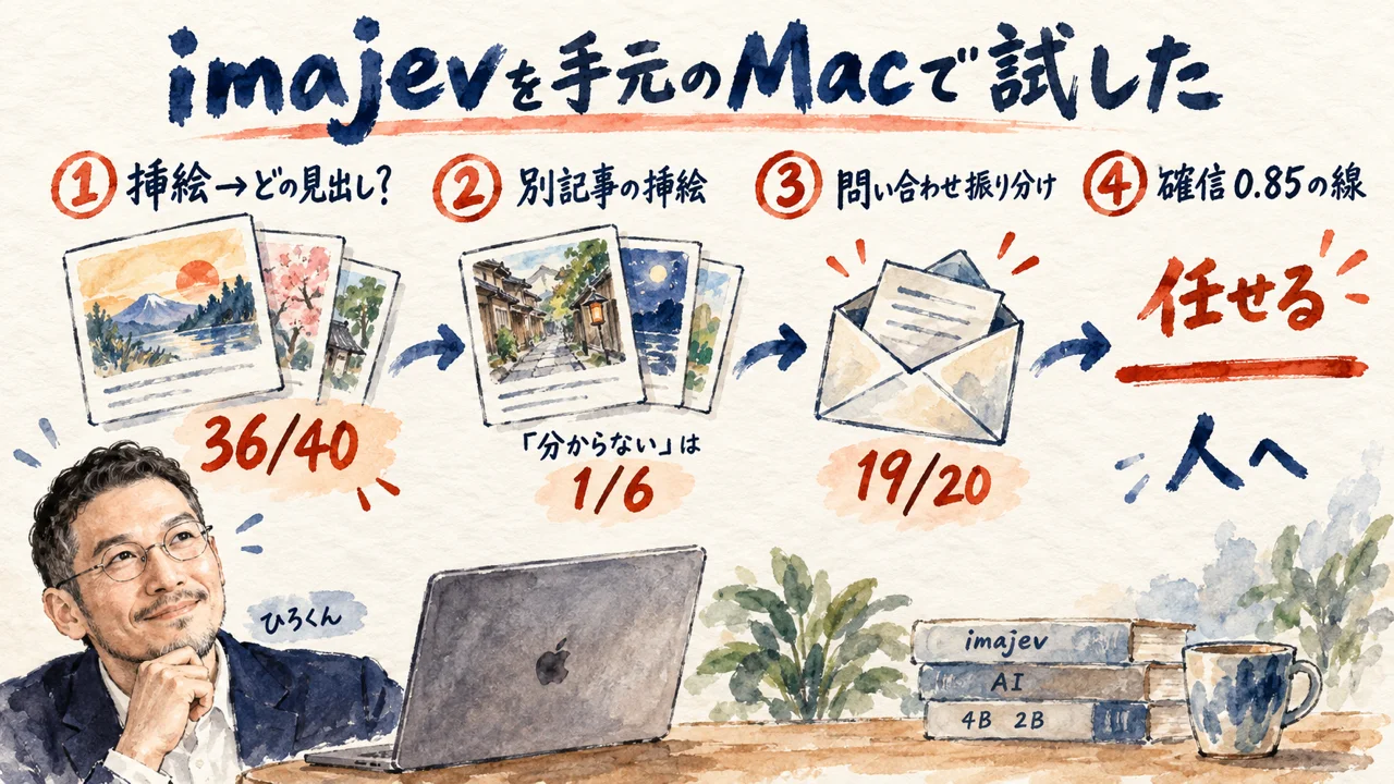 全体図解: 挿絵→見出し当て36/40、別記事の挿絵で「分からない」は1/6、問い合わせ振り分け19/20、確信0.85の線で上は任せ下は人へ