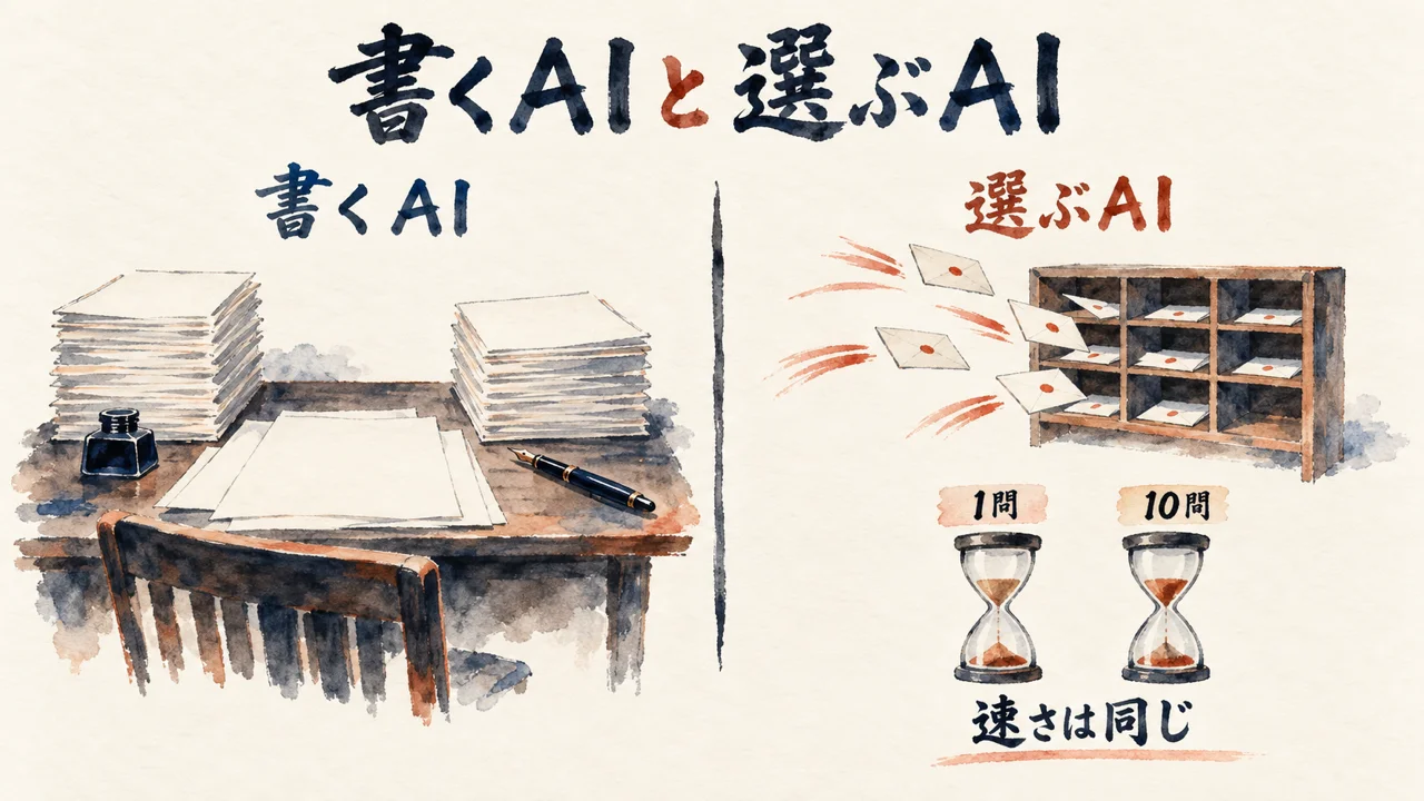 書くAIと選ぶAIを分け、1問でも10問でも速さは同じことを示す図解