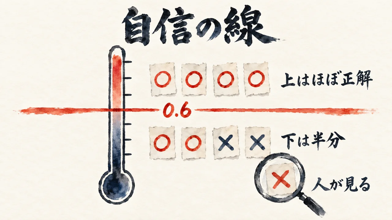 自信の数字0.6に線を引き、上はほぼ正解・下は半分で人が見ることを示す図解